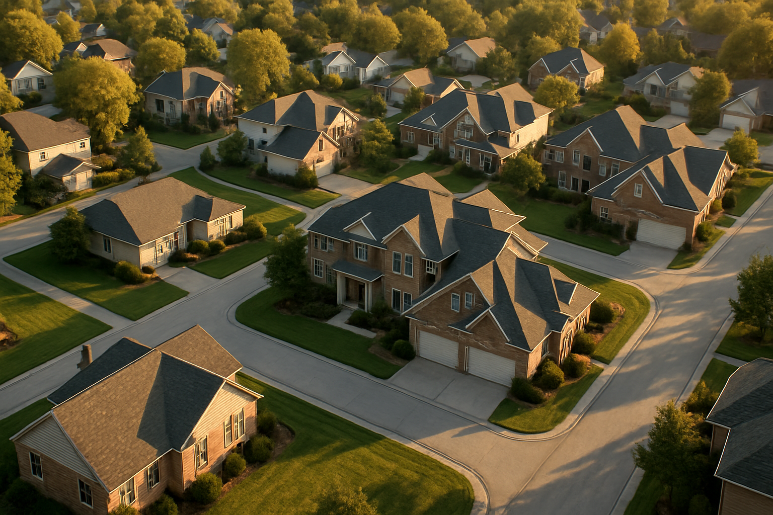 Aerial golden-hour view of Indianapolis suburb roofs showing small ranch, 2-story, and large complex homes, photorealistic, no people.