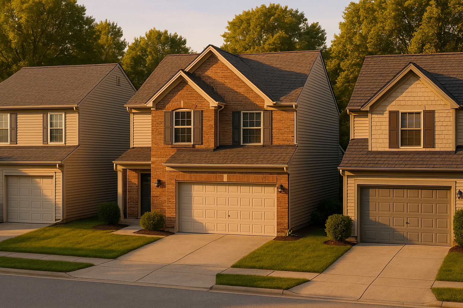 Street-level side-by-side of 3-tab, architectural, and designer roofs in warm golden-hour Avon neighborhood.