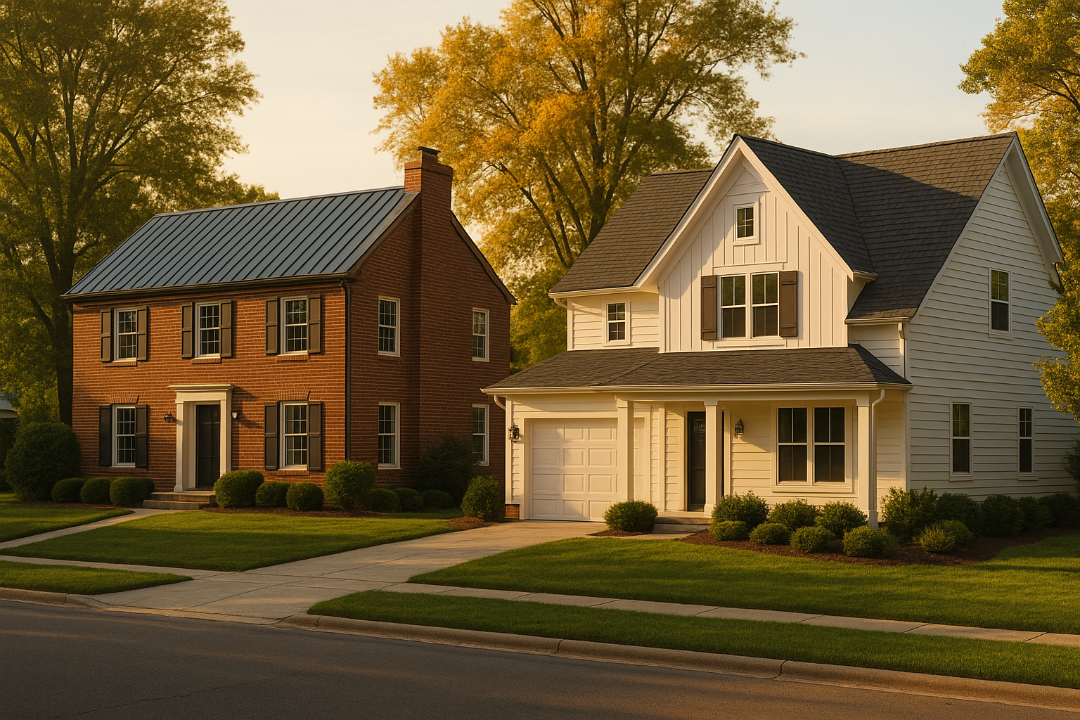 Brick colonial and modern farmhouse at golden hour; matte gray standing seam metal vs charcoal architectural shingles in Carmel suburbs.