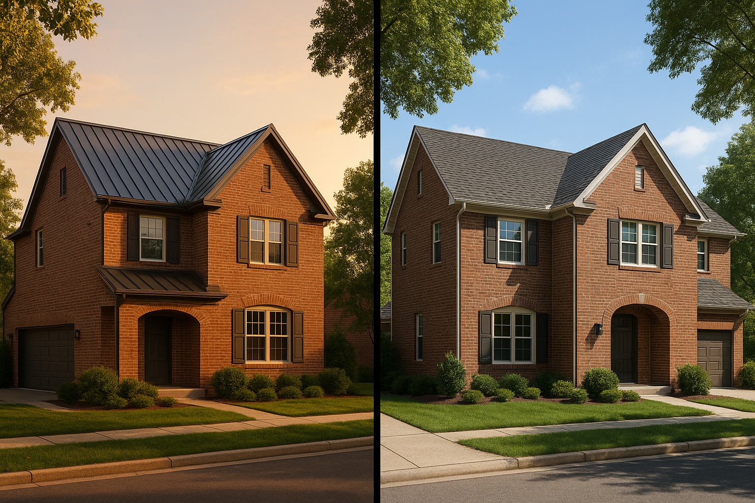 Split-frame of two brick Indianapolis homes: left standing seam metal at golden hour, right architectural asphalt shingles in daylight.