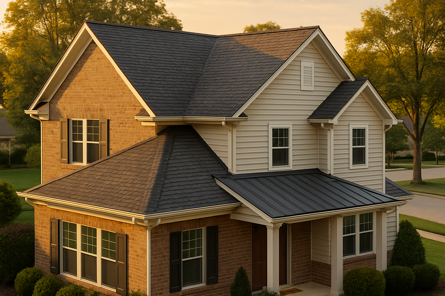 Westfield home at golden hour with charcoal shingles, standing-seam accent roof, visible ridge vent and soffit intake.