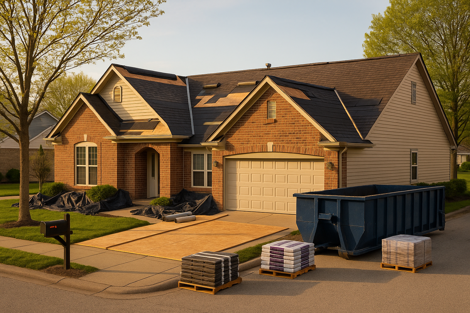 Indianapolis single-family home with partial roof tear-off, staged shingles, dumpster at curb in warm golden hour.