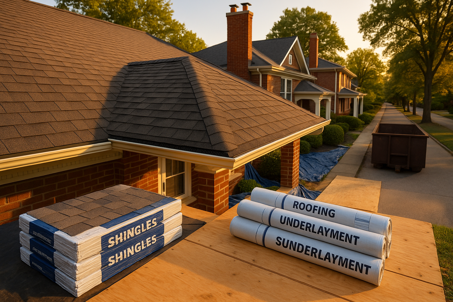 Wide golden-hour roof scene with architectural shingles, ridge and soffit vents, staged materials, and jobsite protection in an Indianapolis neighborhood.