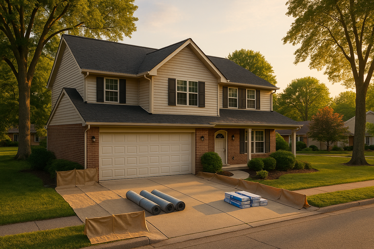 Golden-hour Greenwood two-story vinyl-and-brick home with new charcoal architectural shingles, ridge vent, soffit intake, staged materials on driveway.