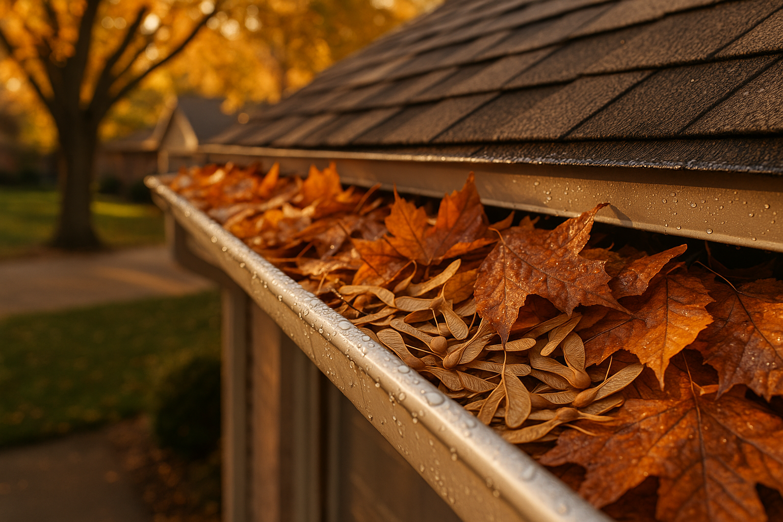 Close-up aluminum gutter filled with maple samaras and wet leaves, warm golden hour, suburban Indianapolis roofline.