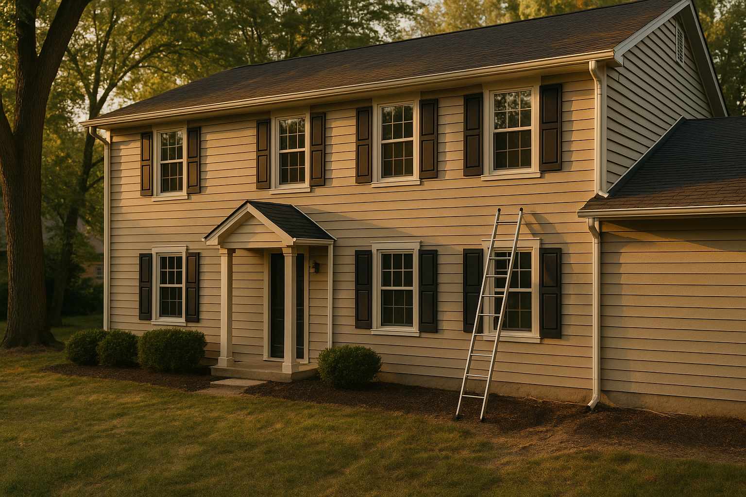 Two-story colonial with visible gutters, ladder on uneven lawn, golden hour, mature trees, mulch beds and subtle overflow erosion.
