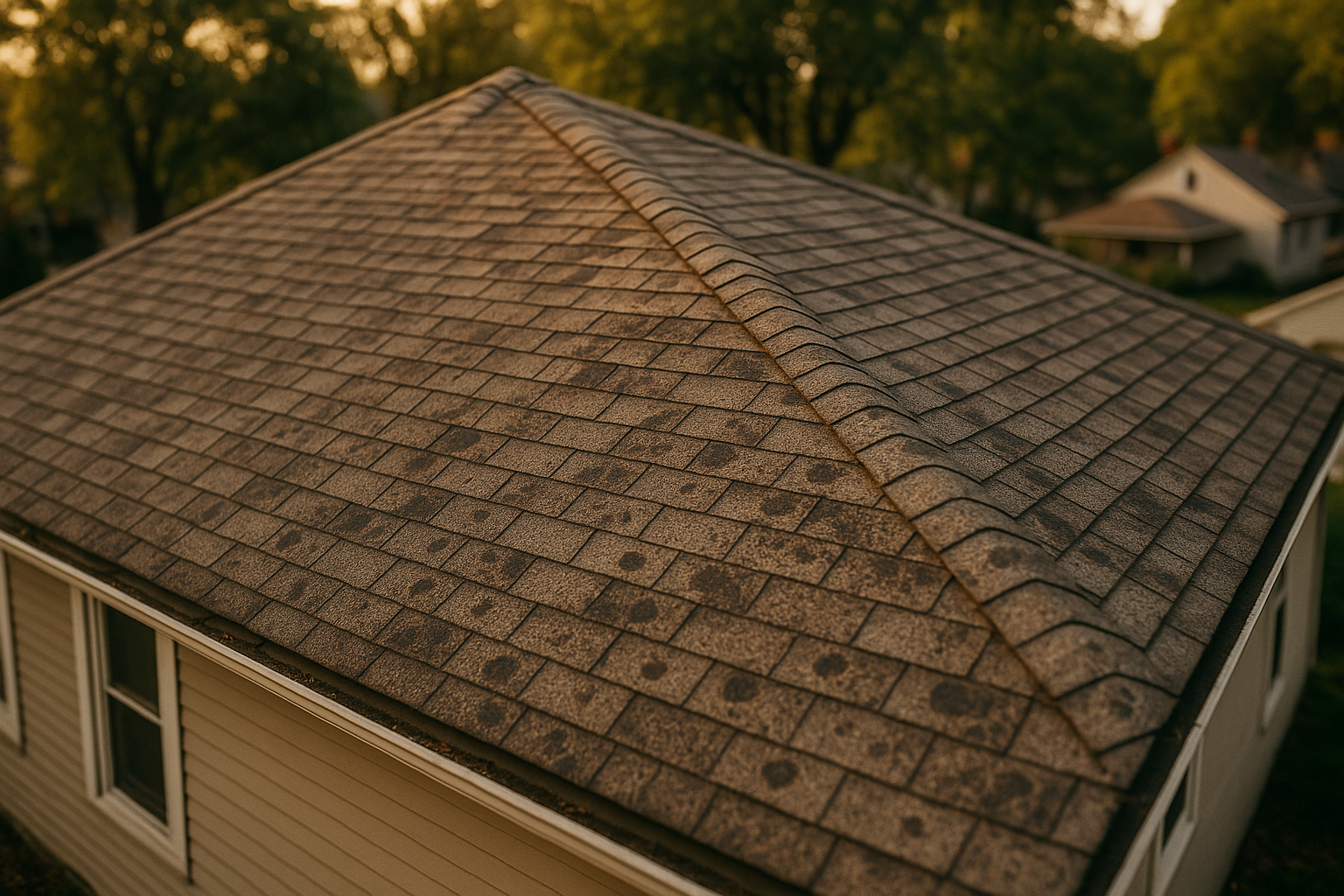 Drone view of Indianapolis bungalow roof with patchy shingle granule loss and dark bruises in golden hour light.