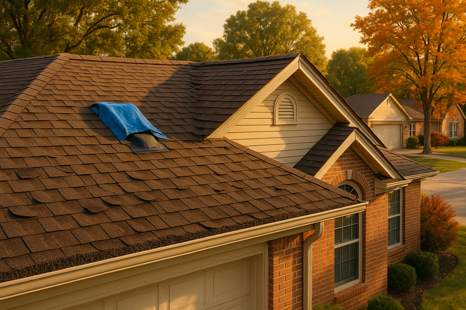 Greenwood single-family roof with lifted shingles, blue tarp, granule-filled gutters, warm golden hour lighting.