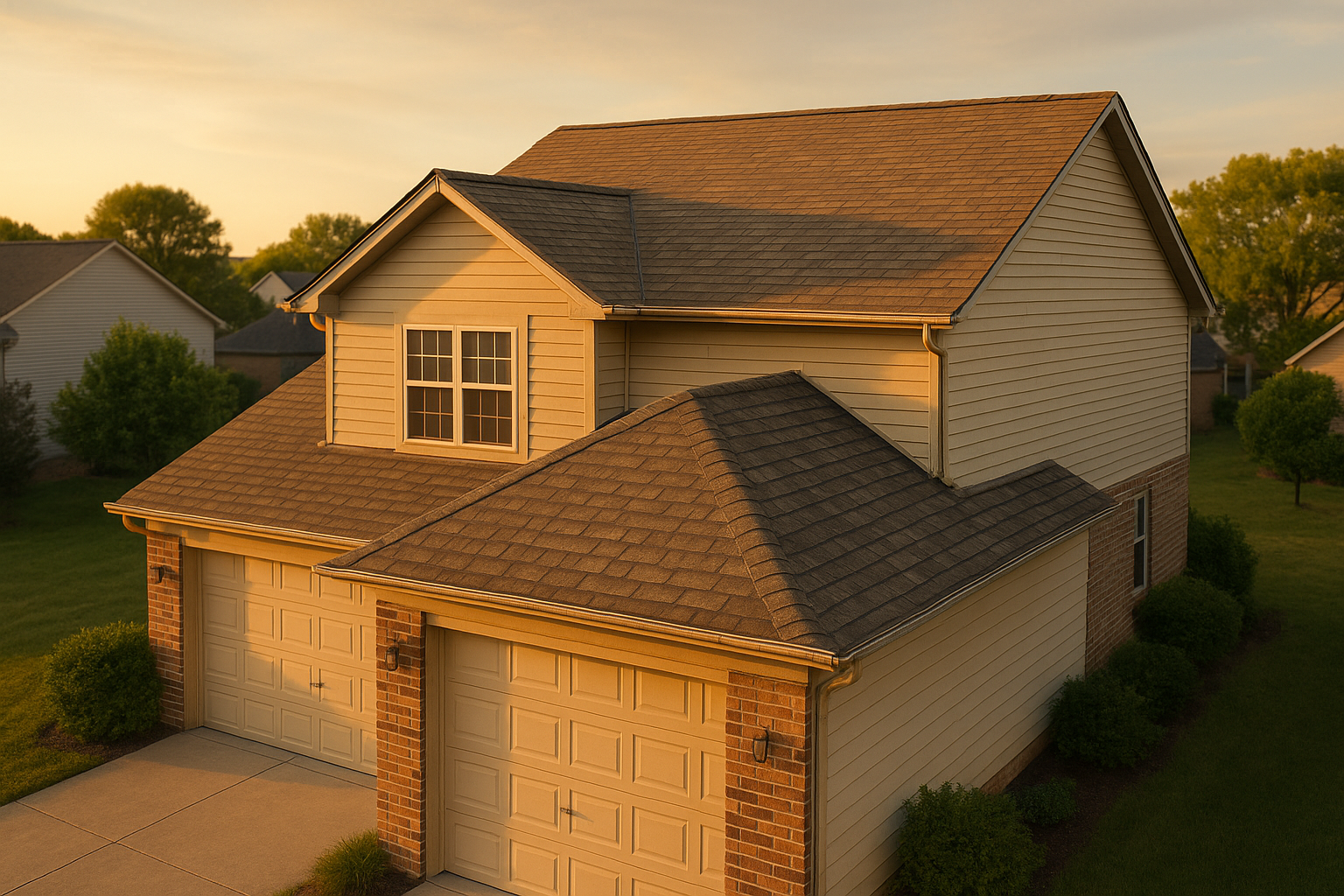 Wide golden-hour exterior of Indianapolis suburban home showing full roof, shingle texture, dents and dented gutters.