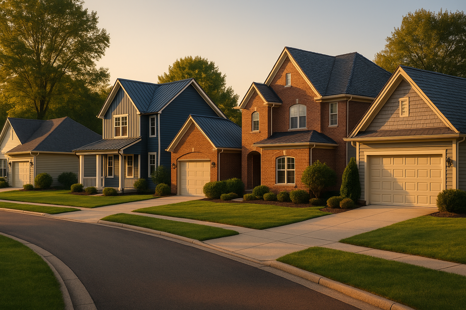 Wide Fishers neighborhood street showing mixed roof types in warm natural light, asphalt, metal, and composite roofs.