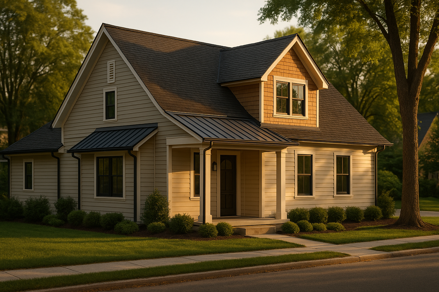 Golden-hour curbside view of a premium Indianapolis house showing mixed roof materials and neighborhood context.