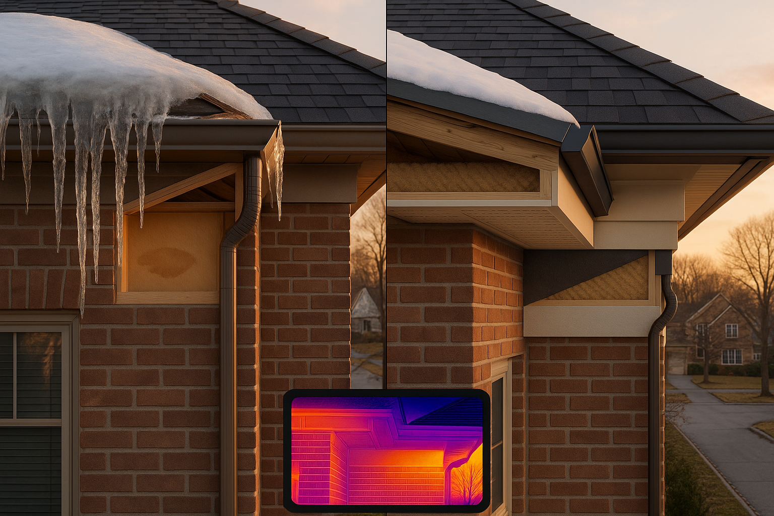 Split-frame golden-hour comparison: icicle-clogged eave and ceiling stain vs sealed, insulated eave with thermal inset.