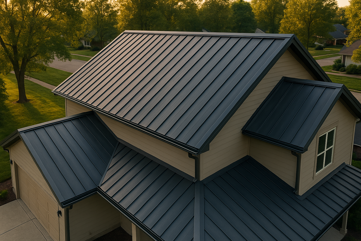 Aerial golden-hour view of a new standing-seam metal roof on an Indianapolis single-family home, Galvalume and PVDF finishes.