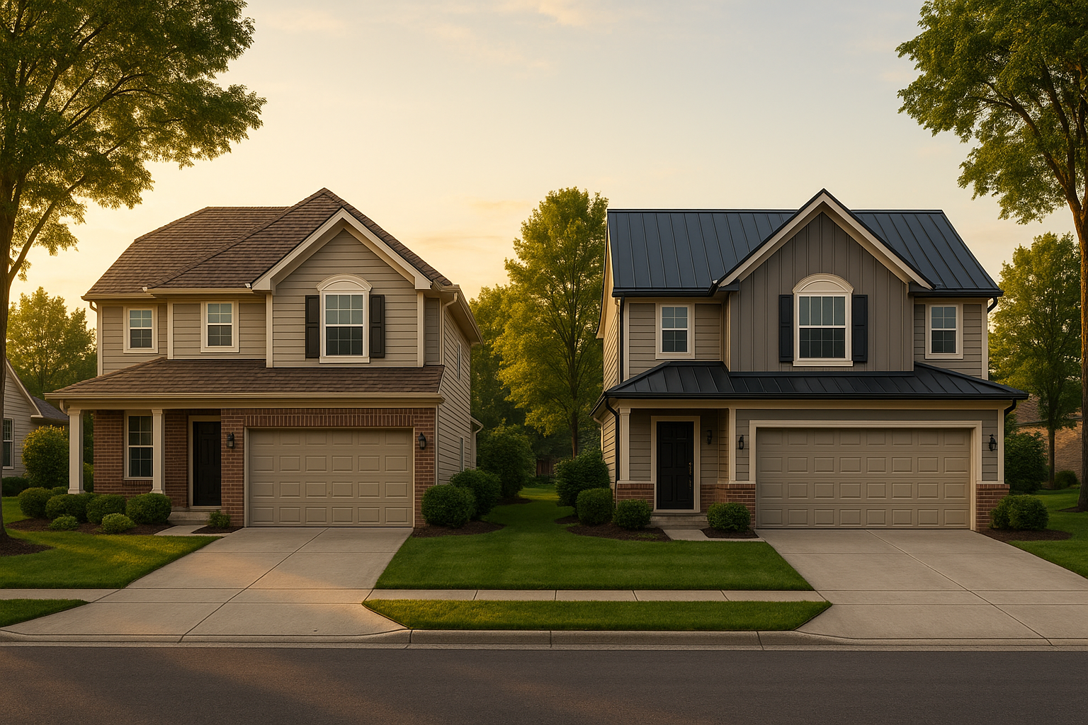 Street-level comparison of two similar homes, brown dimensional shingles vs dark standing seam metal, golden hour, suburban curb context.