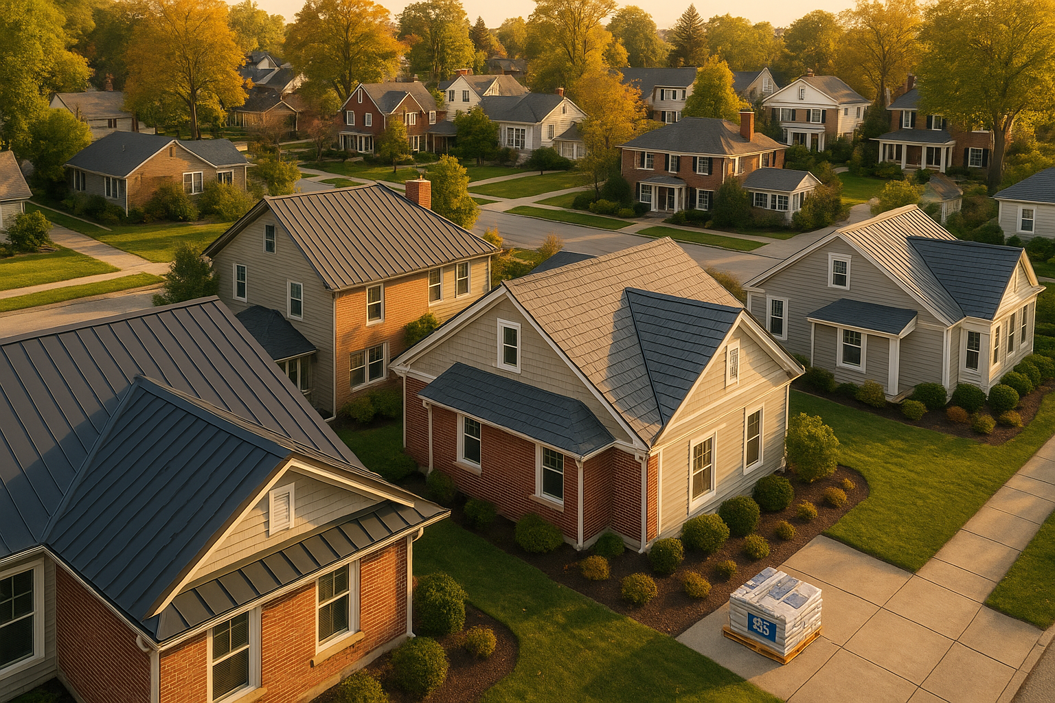 Golden-hour drone view of Indianapolis neighborhood with multiple standing seam and metal-shingle roofs, ridge vents, staged materials, no people.