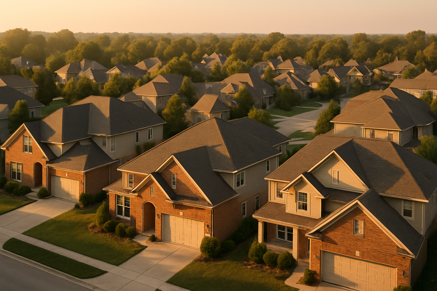Golden-hour aerial of Noblesville suburban roofs with architectural shingles, trees, driveways and warm light.