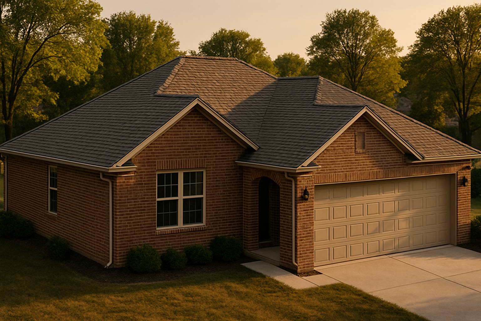 Wide golden-hour exterior of single-family Indianapolis home showing full roofline, ridges, hips, eaves and nearby trees.