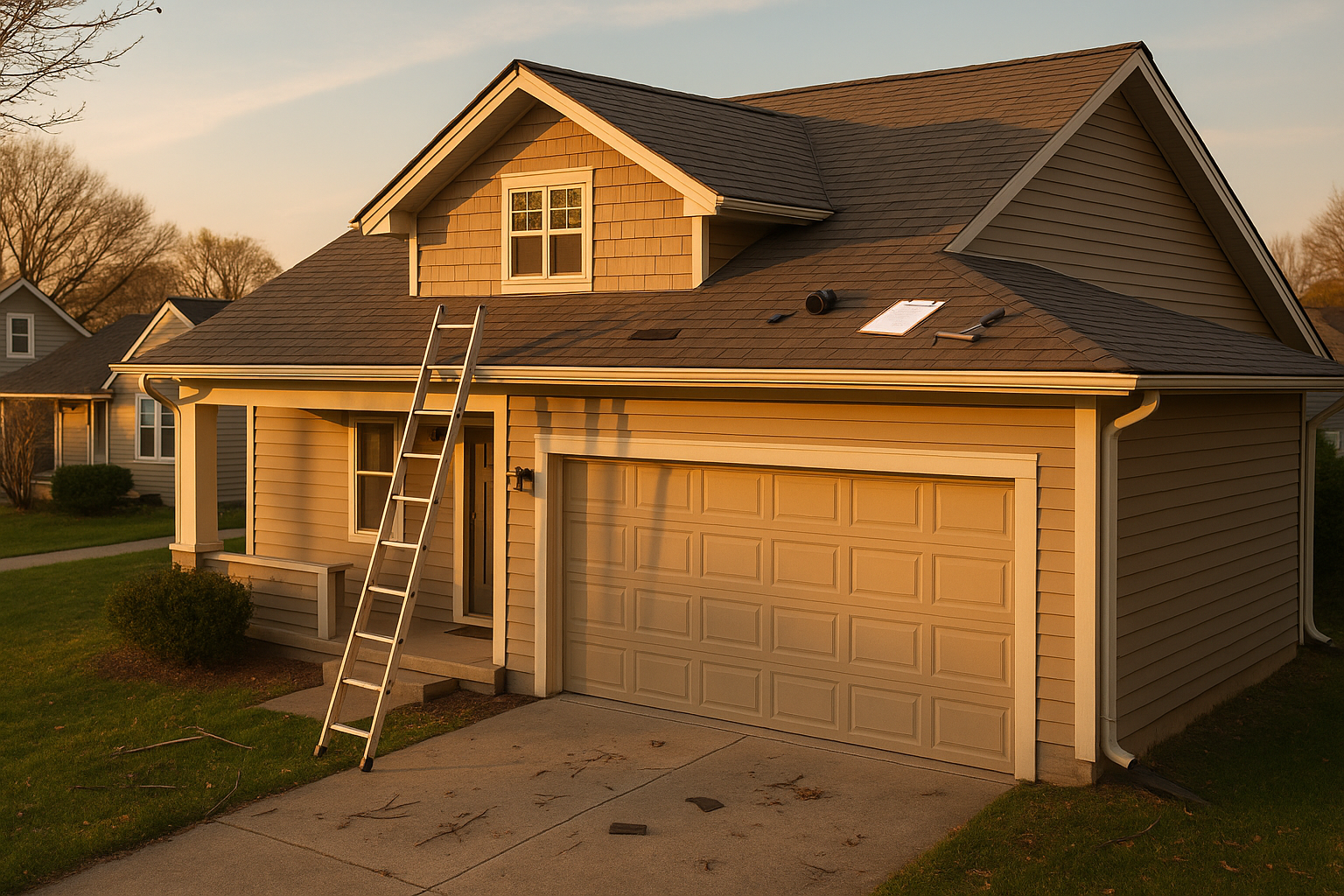 Wide golden-hour exterior of Indianapolis single-family roof with ladder, inspection tools, and storm debris; no people.