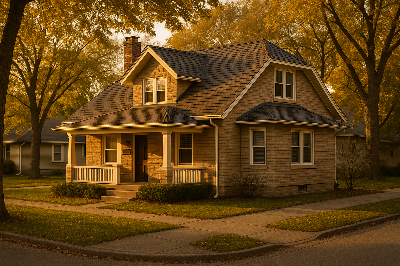 Premium single-family home with new architectural shingle roof in warm golden-hour light, suburban Indianapolis setting.