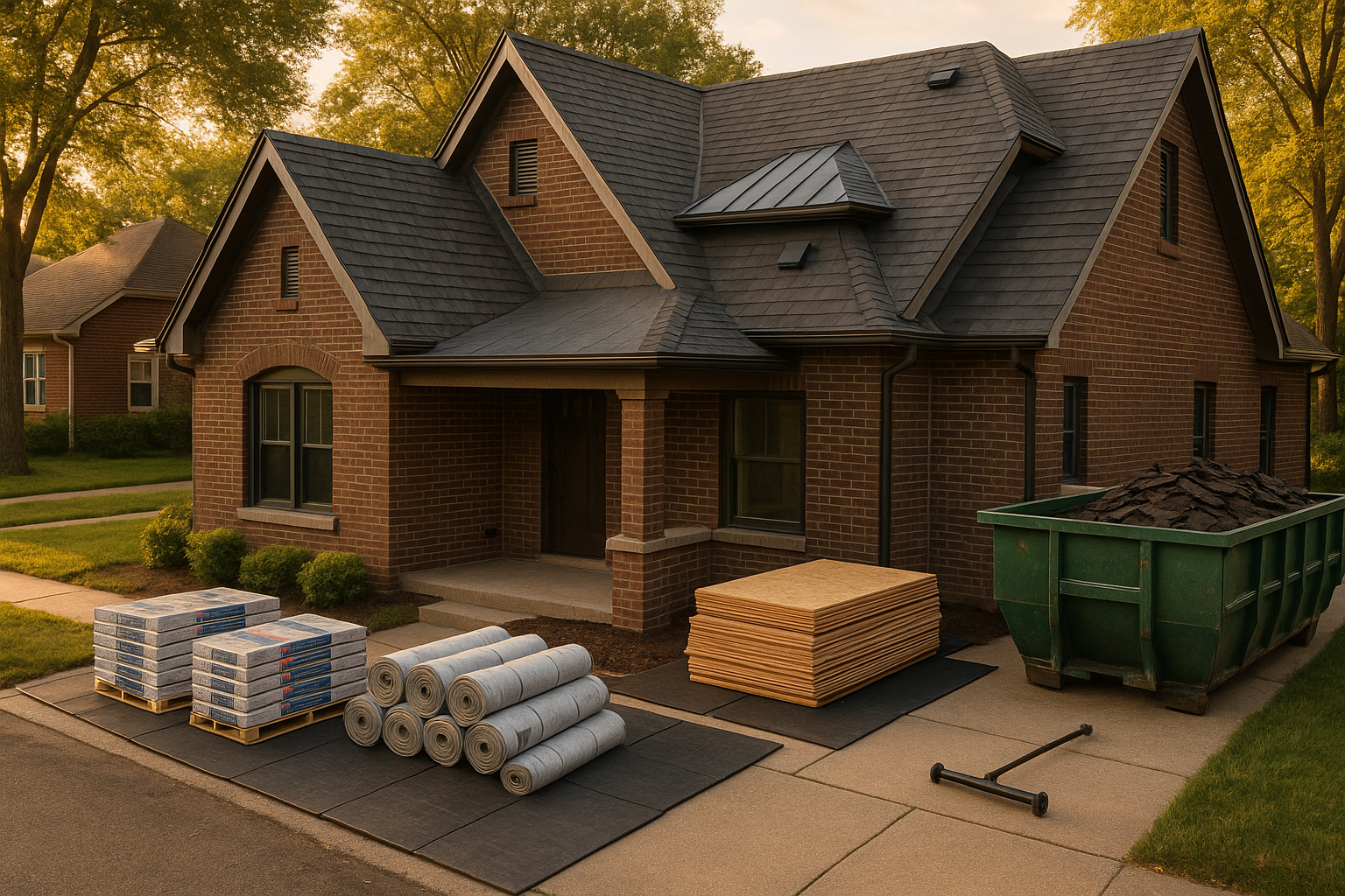 Wide-angle Indianapolis brick home with asphalt shingles, metal accent plane, TPO porch, staged materials in warm golden hour.