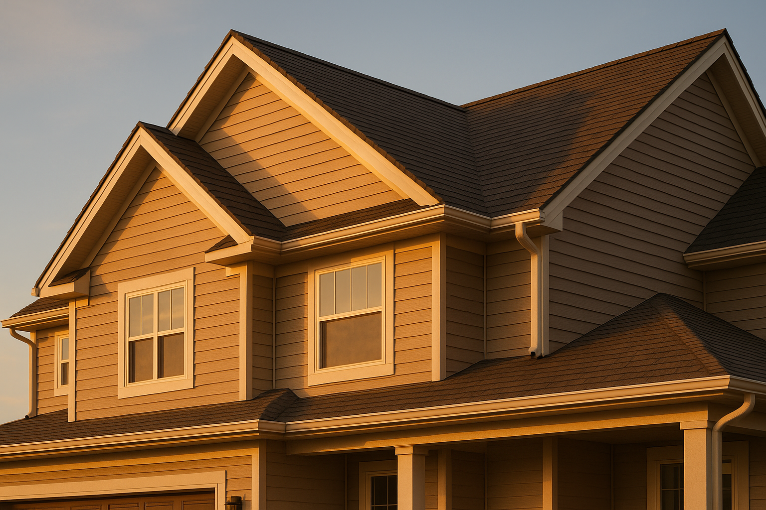 Golden-hour low-angle view of premium Indianapolis home showing continuous ridge vent, clear soffits, gutters and asphalt shingles.