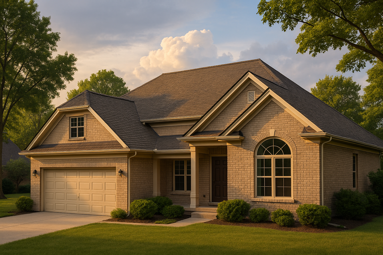 Golden-hour wide exterior of Indianapolis home showing asphalt roof, starter strip, ridge cap, valleys, clean gutters, and trimmed branch.