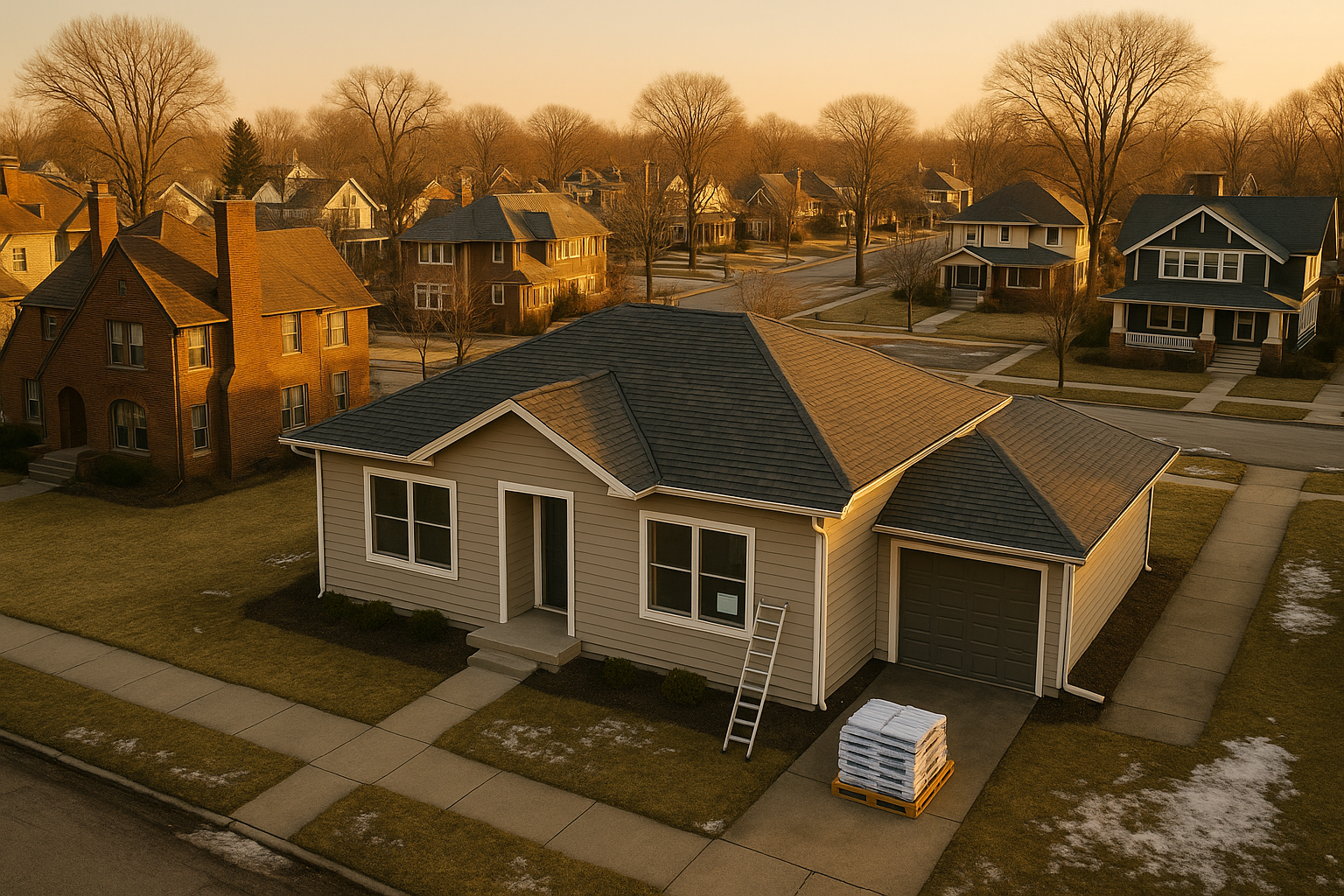 Aerial golden-hour view of Indianapolis street with historic homes, permit sticker in window and stacked roofing bundles on driveway.