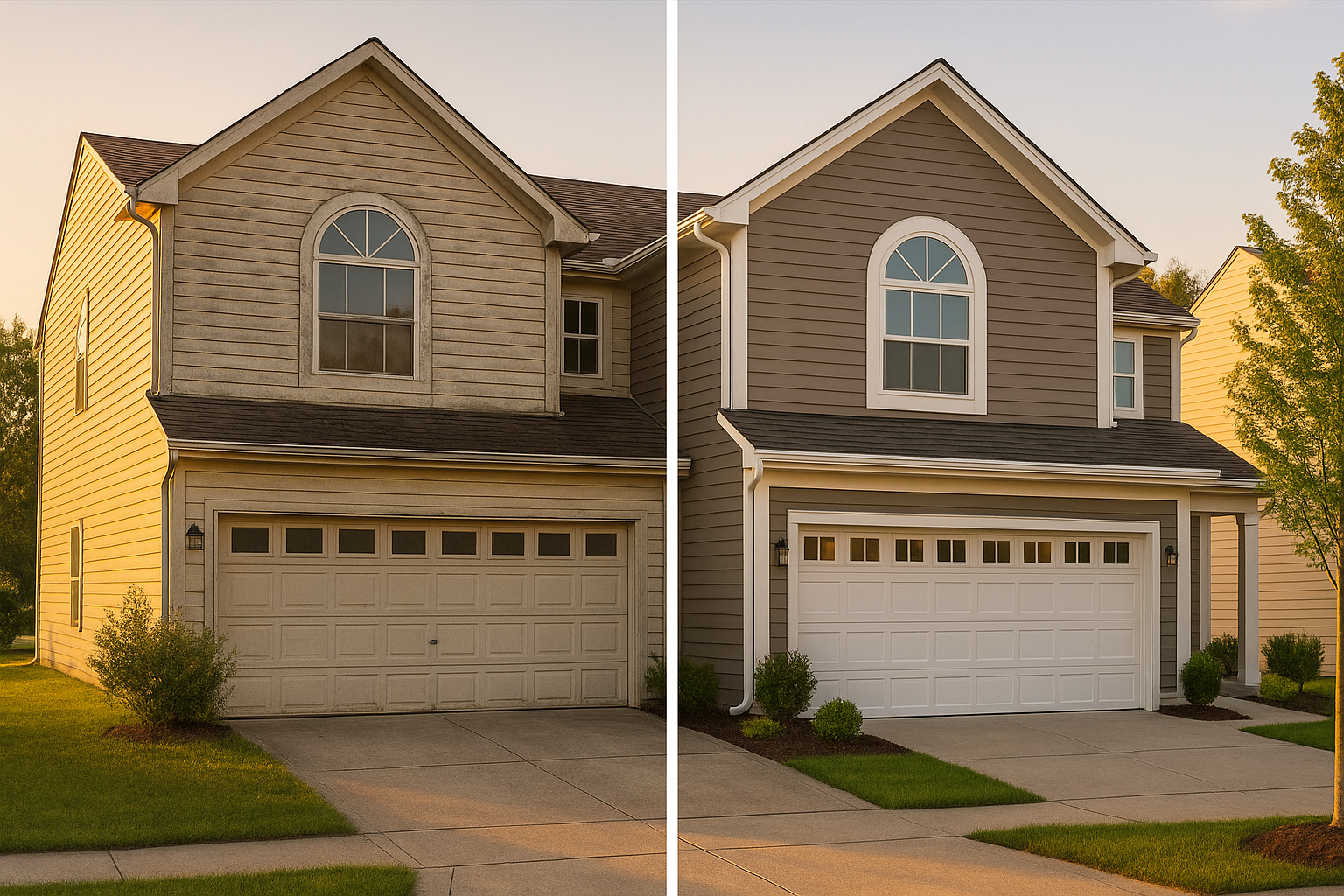 Before-and-after single-family home exterior at golden hour showing old siding vs new replacement in Noblesville neighborhood.