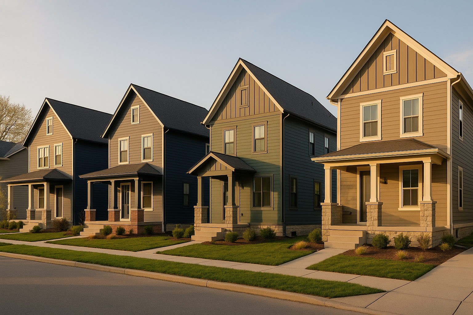Golden-hour Indianapolis streetscape of homes in charcoal, navy, forest green and warm taupe with mixed lap and board-and-batten siding, trim, gutters, and flashing.