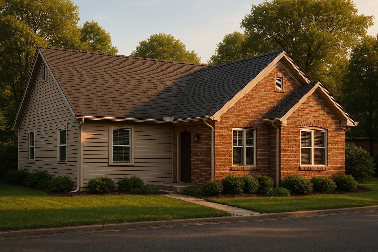 Wide street-view of Indianapolis single-family home at golden hour showing full asphalt roof, ridge vents, mature trees, premium photorealistic detail.