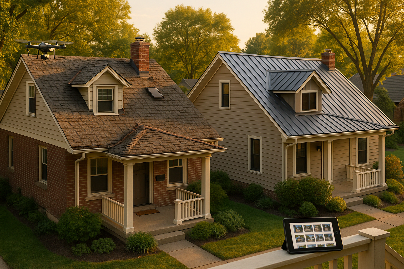 Golden-hour Indianapolis street view: distressed asphalt roof with curled shingles, granule-filled gutter, rusted flashing, sagging ridge, adjacent standing-seam metal roof.