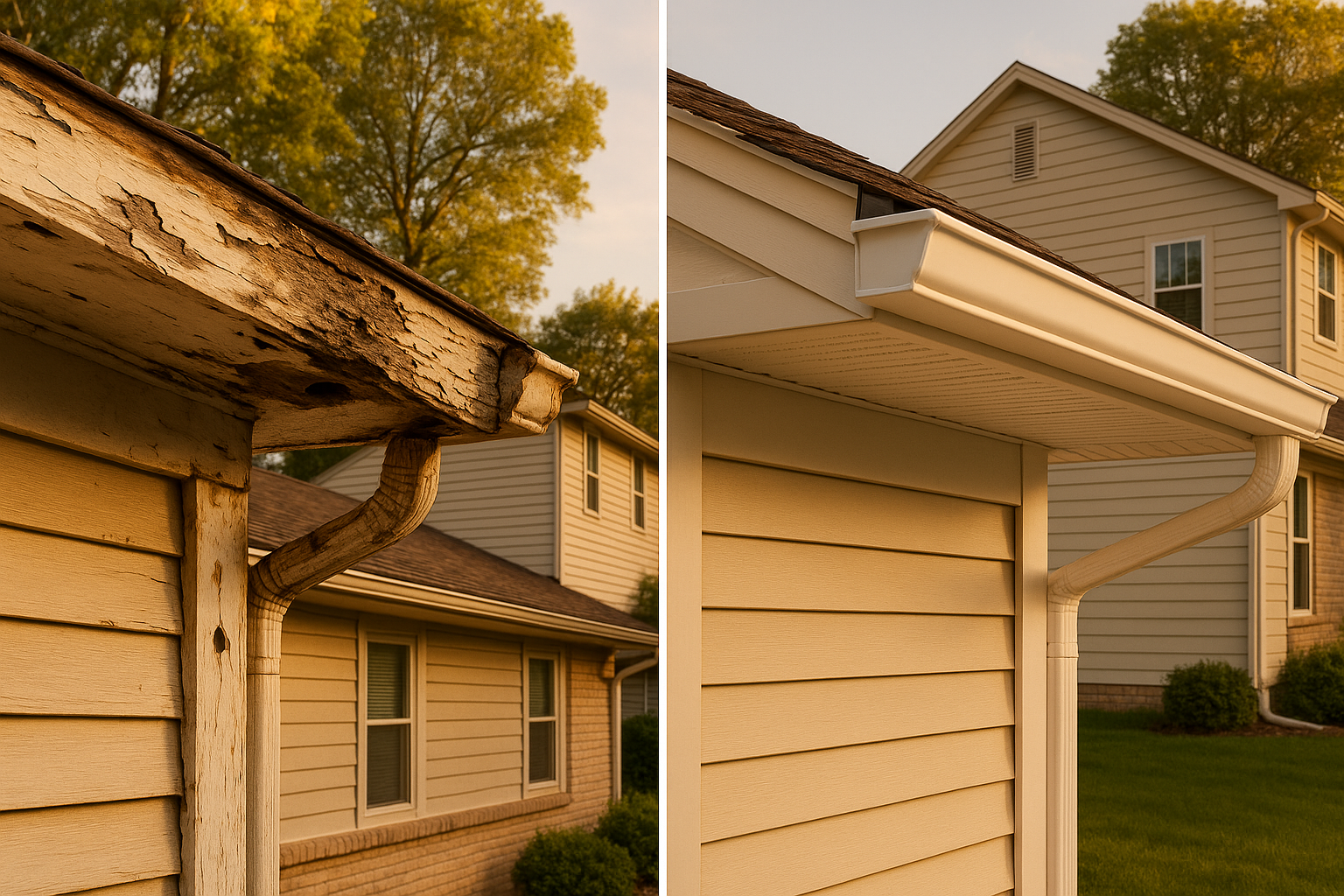 Before-and-after eave pair: rotted fascia and peeling paint beside same eave after premium PVC fascia and soffit, golden hour, suburban Indianapolis.