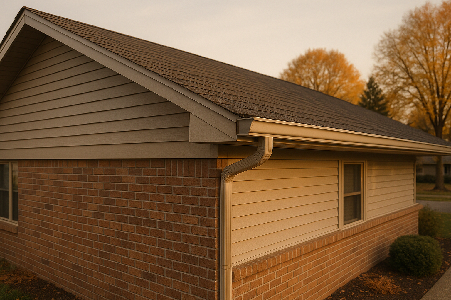 Golden hour wide eave view of Indianapolis home with vented soffit, aluminum-wrapped fascia, and color-matched gutters over protected landscaping.