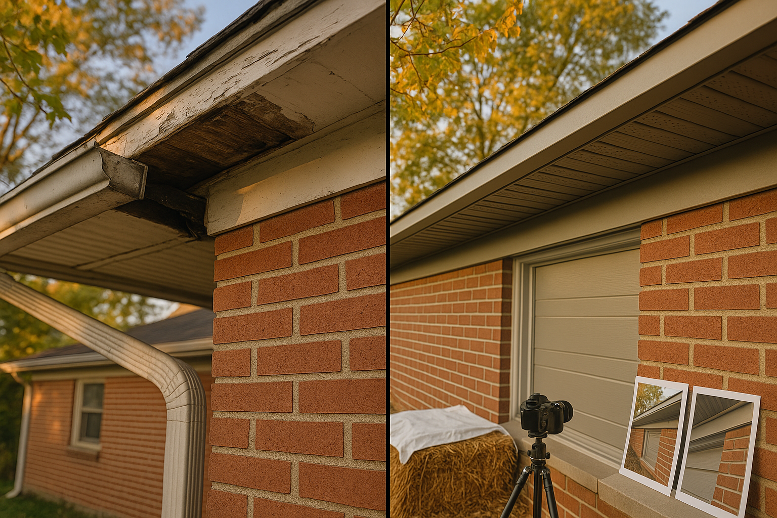 Before-and-after eave: peeling paint, soft wood, and pulled gutter vs color-matched vented soffit and aluminum fascia at golden hour.