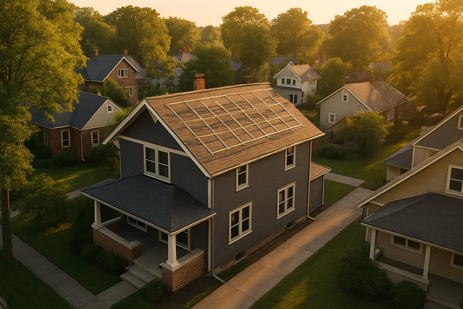 Golden-hour oblique drone of Indianapolis house, south-facing roof planes reserved for solar array, mature trees, warm light.