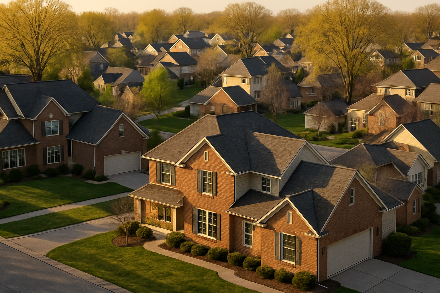 Aerial golden-hour view of pitched brick and siding homes with asphalt shingle roofs and mature oaks in a Zionsville-style suburb.