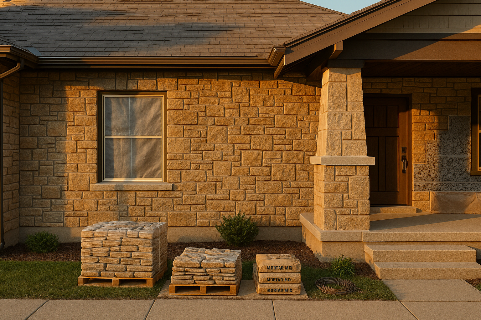 Front elevation with thin stone veneer, porch column miters, kick-out flashing, weep screed, WRB and staged materials in warm golden hour.