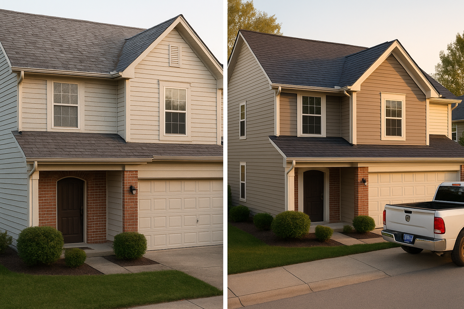 Before-and-after suburban home exterior; left: hail-damaged shingles and dented gutters; right: new roof and clean ventilation, warm golden hour.