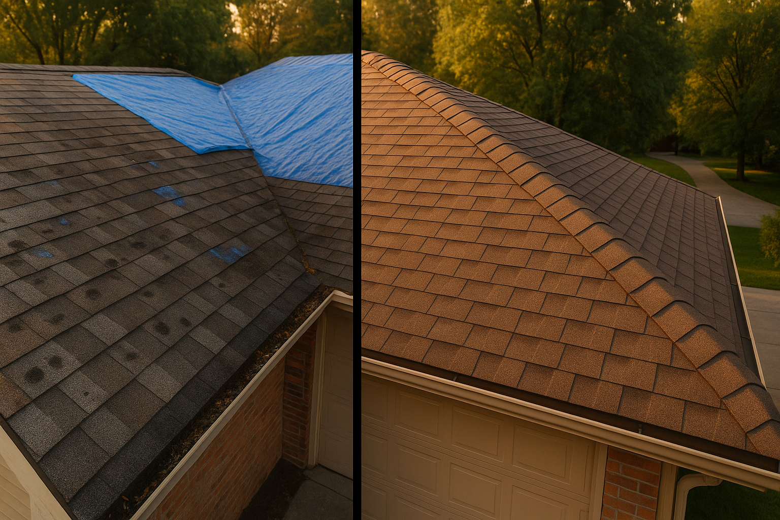 Wide before-and-after of Indianapolis single-family roof: storm-damaged slope with blue tarp and granule loss, replaced slope with Class 4 shingles at golden hour.
