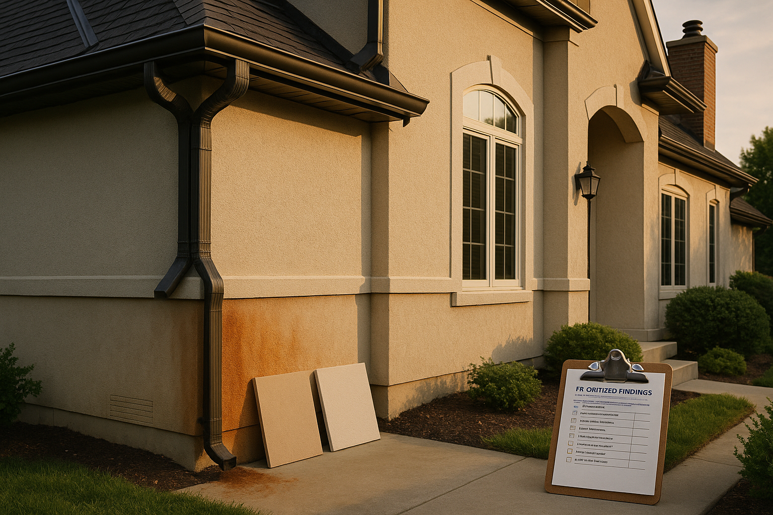 Medium-wide golden-hour exterior of an Indianapolis stucco/EIFS home with flashing, stained lower wall, test panels, and clipboard document.