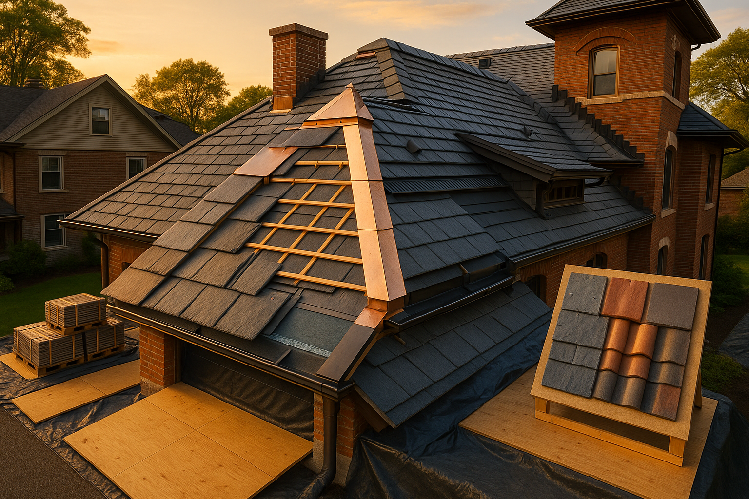 Golden-hour cutaway of a Meridian-Kessler slate roof with copper flashing, underlayment, battens, vented ridge, stacked materials, and sample board.