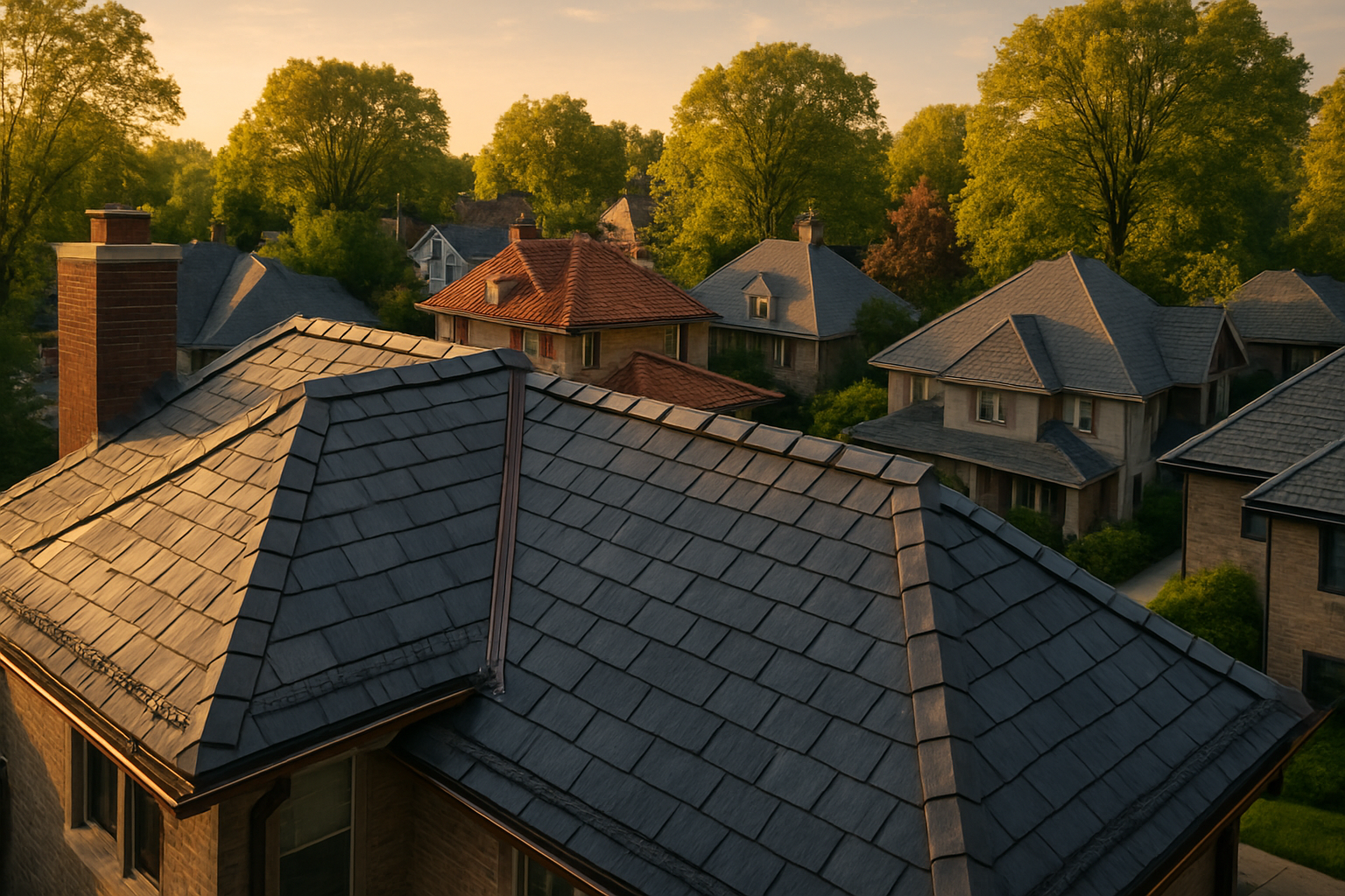 Golden-hour panoramic view of premium Indianapolis roofs with slate, clay, concrete and synthetic materials.