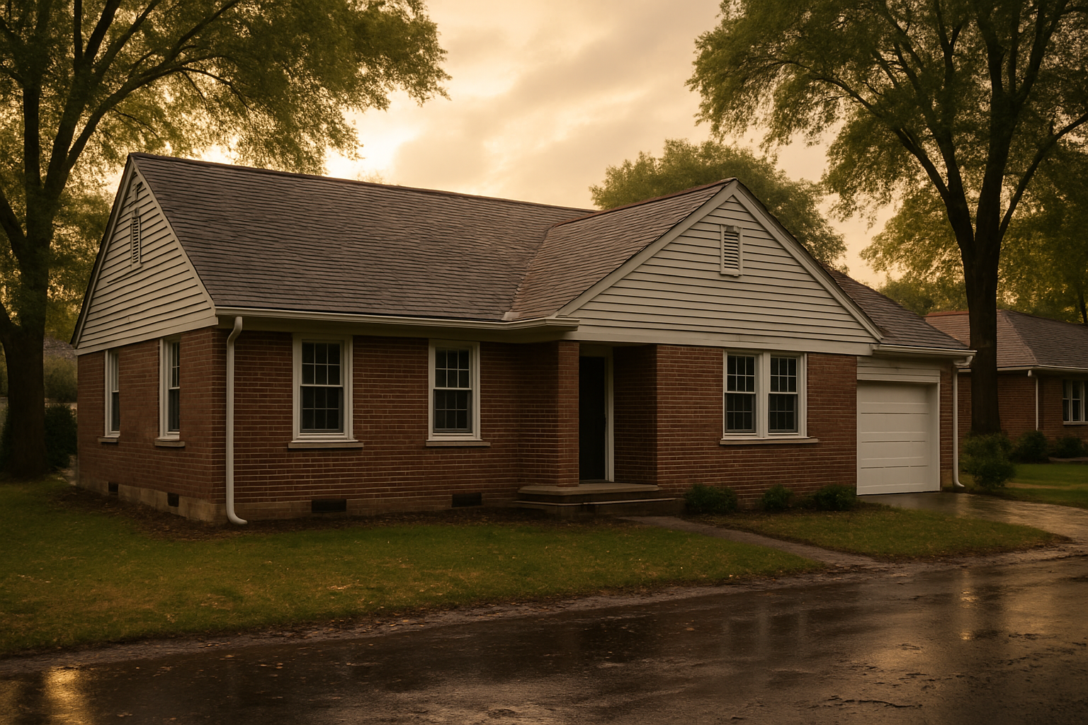 Front exterior of an Indianapolis single-family brick-and-siding home at golden hour, whole roof and yard visible, wet post-storm realism.