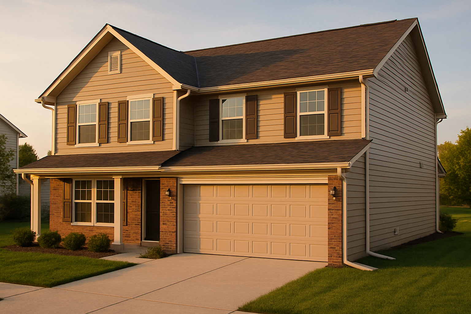 Two-story Indianapolis home at golden hour with seamless 6-inch K-style aluminum gutter, drip edge, downspout to splash block, visible underlayment.