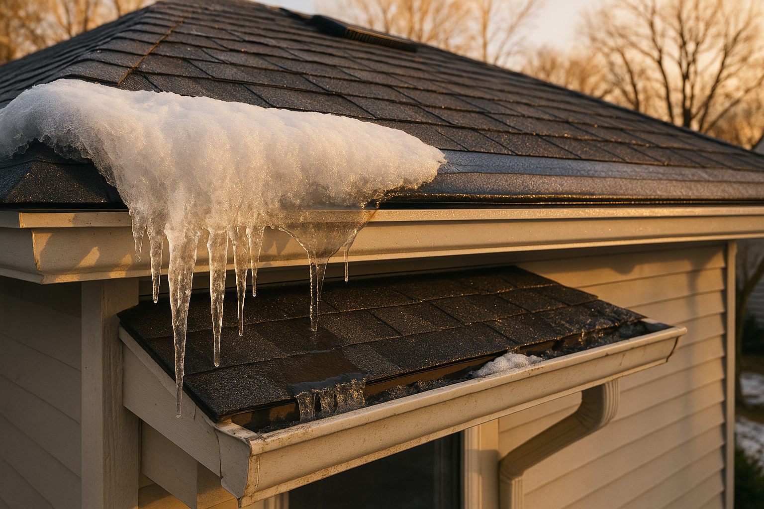 North-facing eave with ice dam, icicles, lifted shingles, ice & water shield, sagging ice-filled gutter, ridge vent in golden winter light.