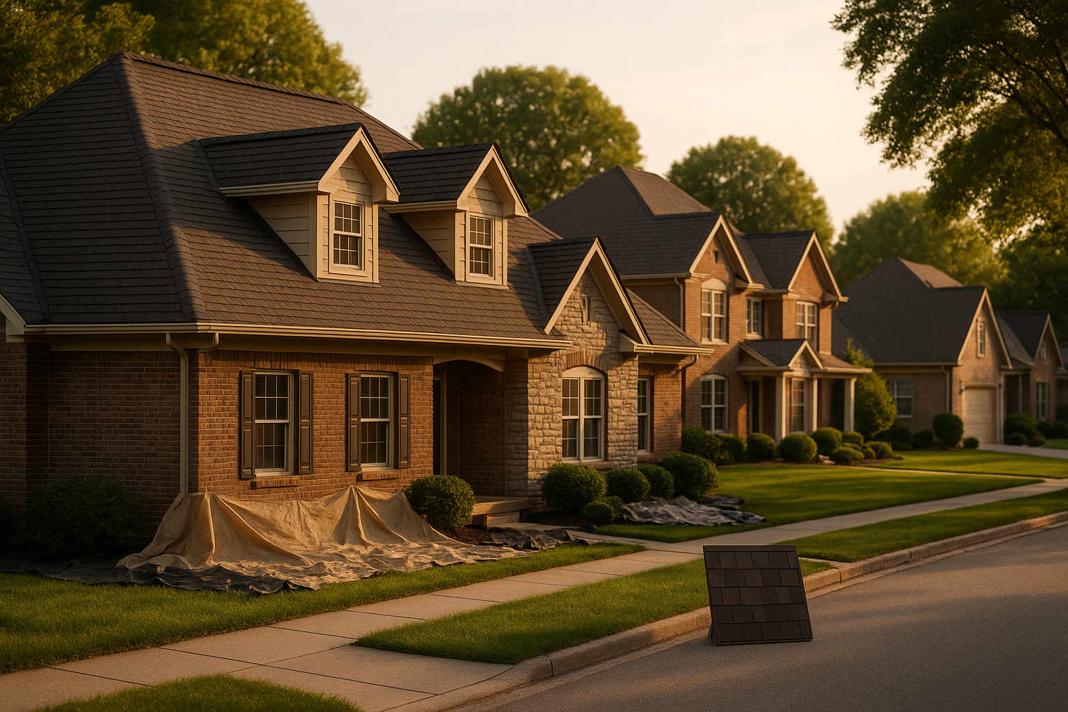 Golden-hour wide view of steep-pitched homes with dormers, brick fronts, ridge vents, gutters, staged shingle board on a tree-lined Zionsville street.